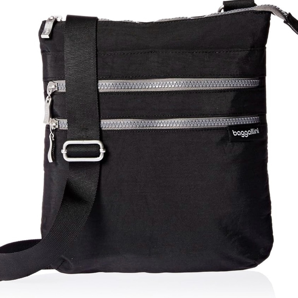 Baggallini Comrade 3 Zip Crossbody Waterproof Bag Black W Sand Color Interior - Picture 12 of 14